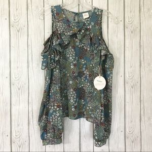 Hummingbird Chiffon Cold-Shoulder Top Size: Large